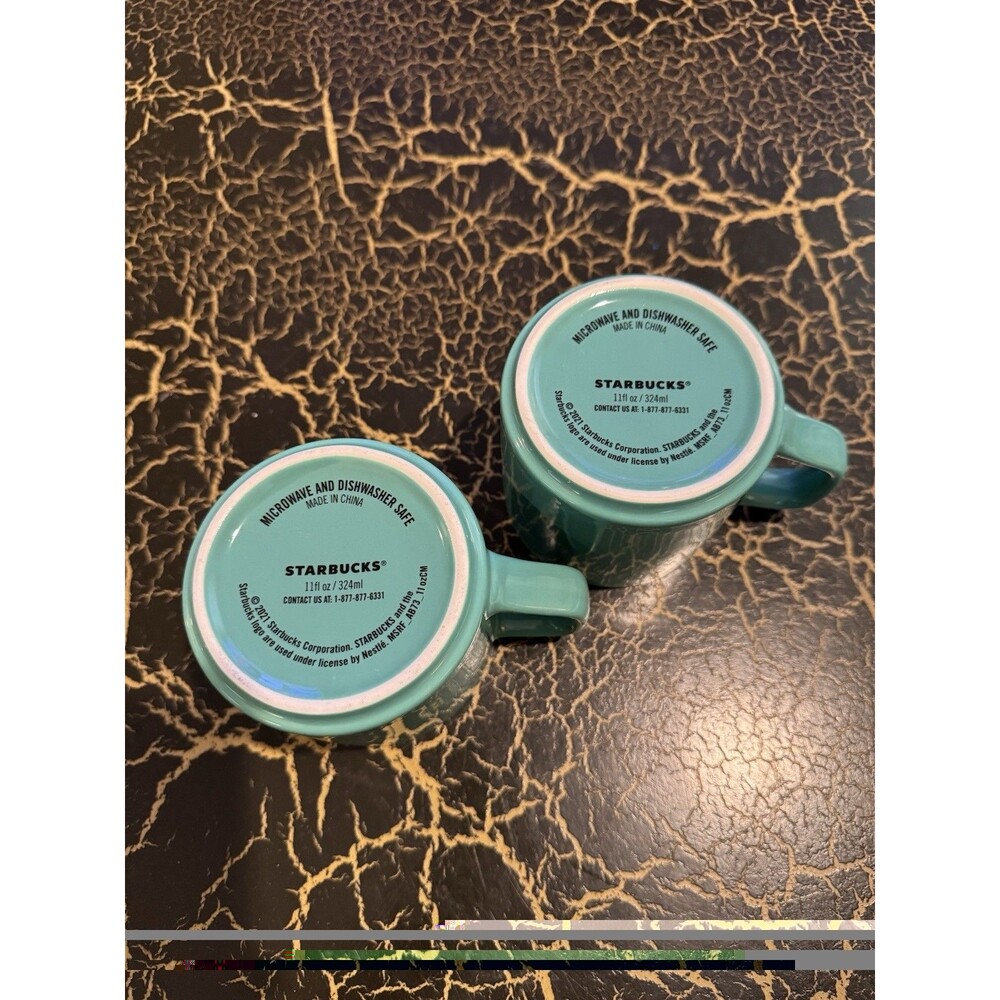 Starbucks PAIR OF 2 Siren Green Logo 11oz Aqua Teal Seafoam Green Coffee Mugs - Picture 4 of 7